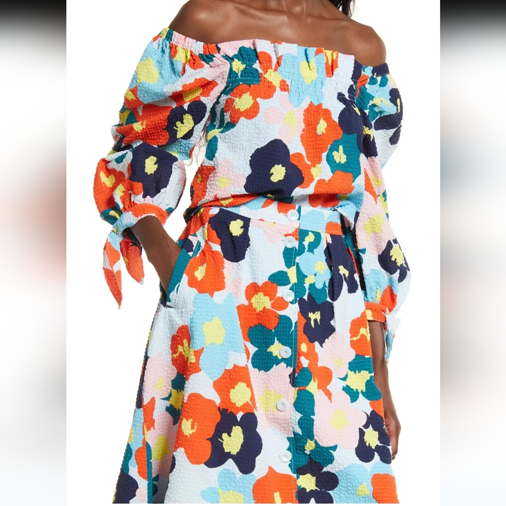 Cristina Martinez For Nordstrom Colorful Floral Detail Cropped Poet Skirt & Top